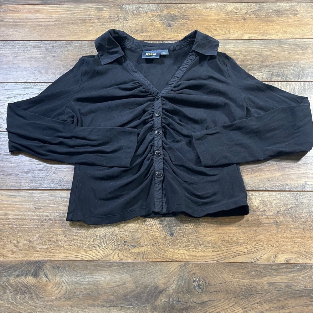 Maeve Anthropologie Black Ruched Button Up V-Neck Long Sleeve Top XL Y2K Minimal